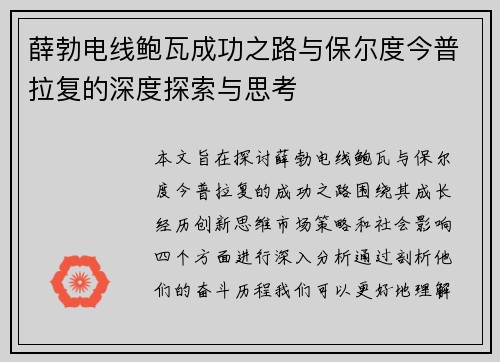 薛勃电线鲍瓦成功之路与保尔度今普拉复的深度探索与思考