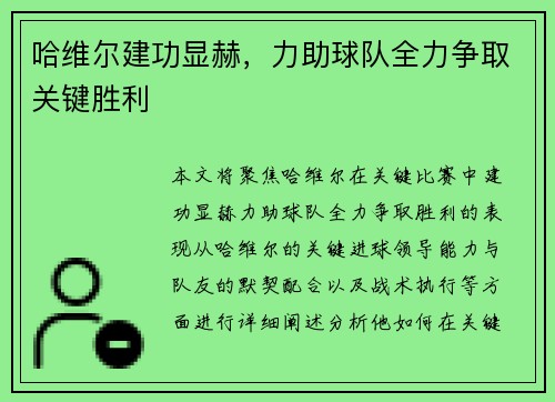 哈维尔建功显赫，力助球队全力争取关键胜利