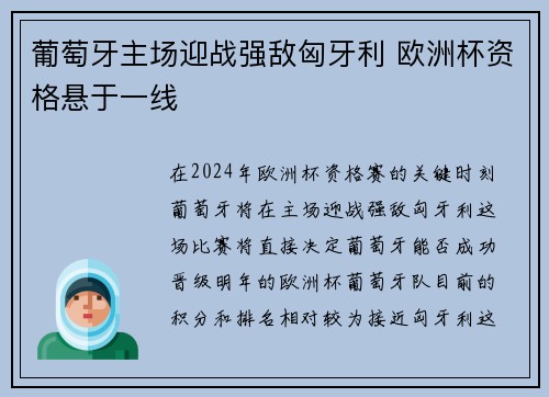 葡萄牙主场迎战强敌匈牙利 欧洲杯资格悬于一线