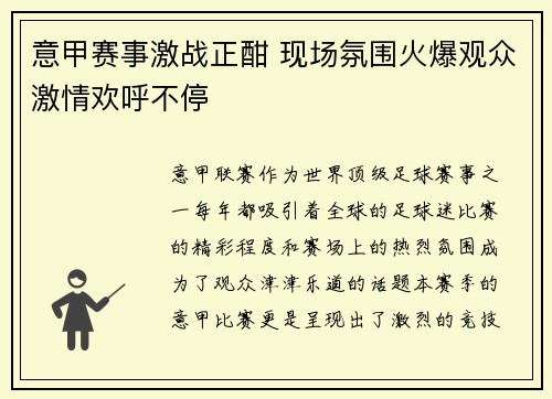 意甲赛事激战正酣 现场氛围火爆观众激情欢呼不停