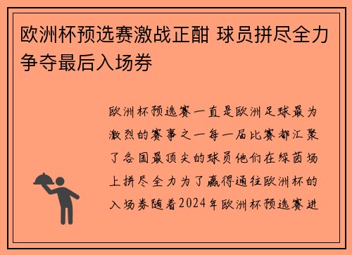 欧洲杯预选赛激战正酣 球员拼尽全力争夺最后入场券