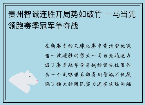 贵州智诚连胜开局势如破竹 一马当先领跑赛季冠军争夺战