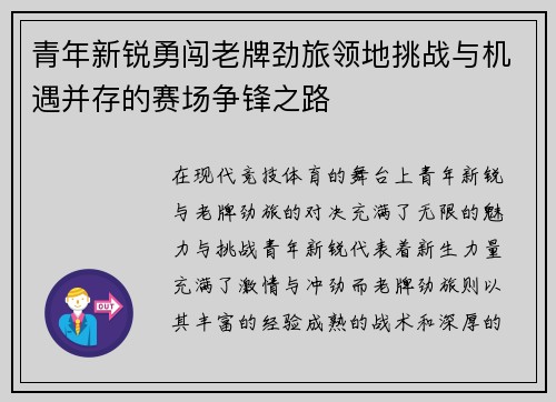 青年新锐勇闯老牌劲旅领地挑战与机遇并存的赛场争锋之路
